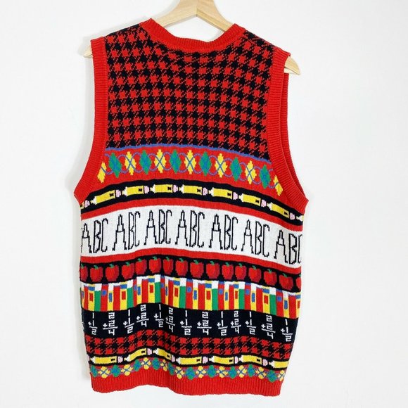 Vintage 1994 The Eagles Eye Sweater Red Teachers Cardigan Vest Hand knitted - Picture 2 of 8